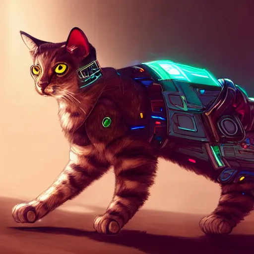 Image similar to a cyberpunk cyborg cat, trending on artstation