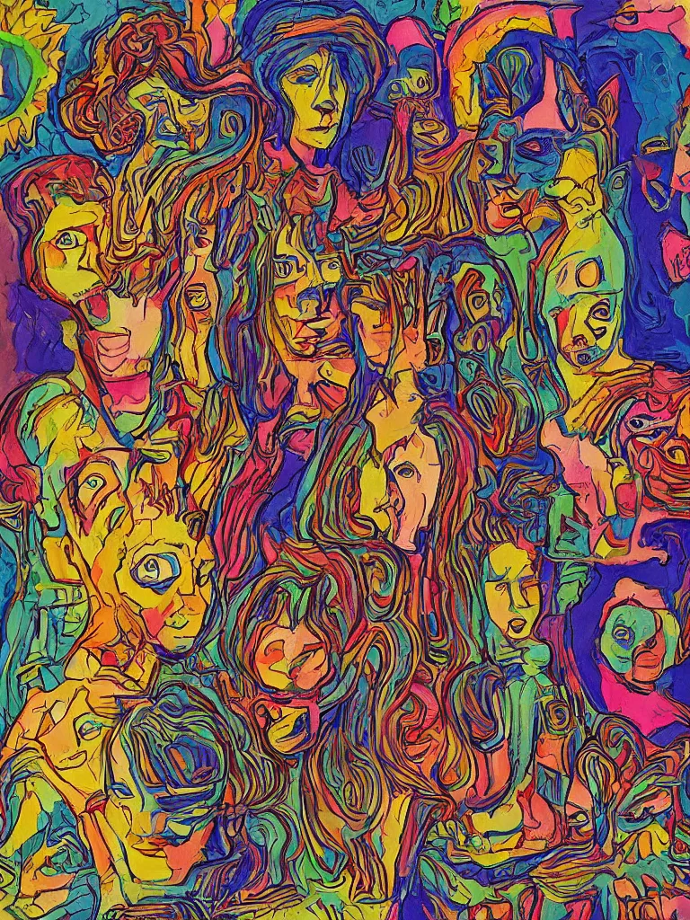 Prompt: Three Women and Three Cats, a psychedelic artwork by Alton Kelley