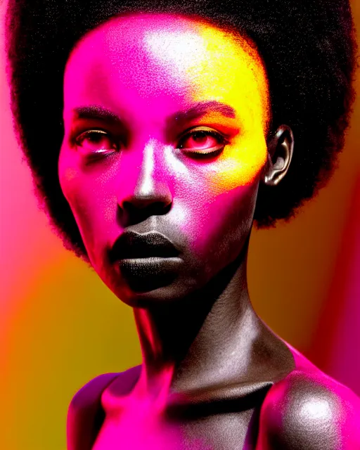 Prompt: hyperrealist highly intricate post-gothic portrait pink pearlescent exoskeleton beautiful black goddess concept art pascal blanche key sage dramatic yellow lighting 8k high angle shallow depth of field
