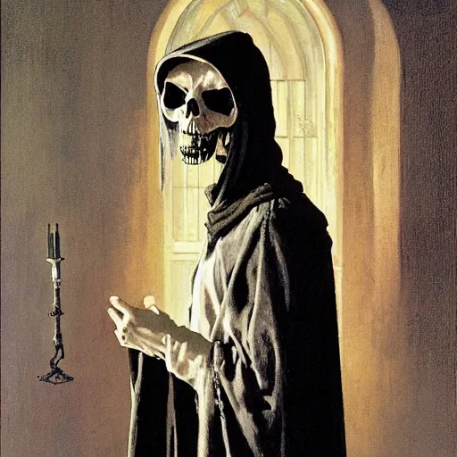 Prompt: portrait of a man in a long flowing hooded cloak and a skull mask, by Gerald Brom and Norman Rockwell