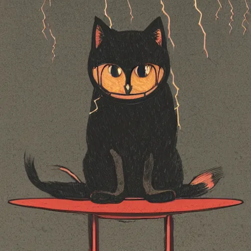 Prompt: black cat with one good eye sits atop a crystal ball on a table with red table cloth in dark room with lightning in windows, rain, digital illustration, studio ghibli