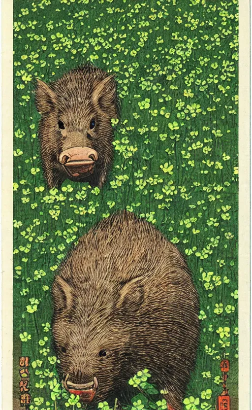 Prompt: by akio watanabe, manga art, a single boar eating in a field of clovers, trading card front