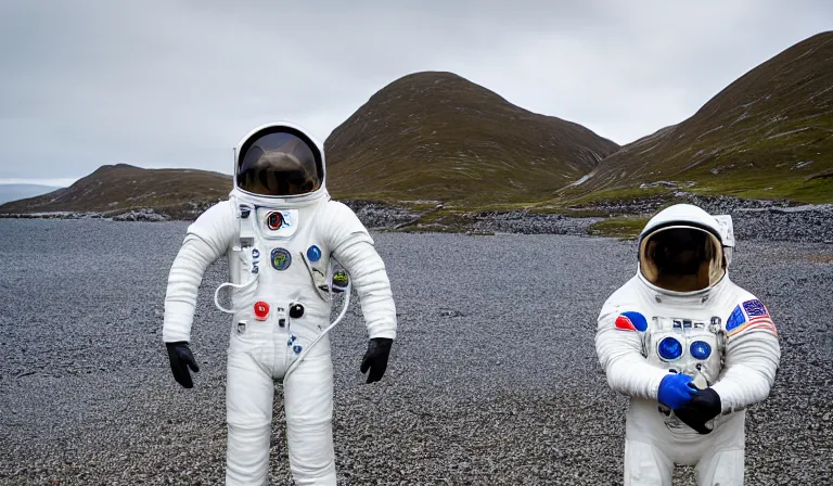 Prompt: tourist astronaut wearing futuristic space suit, standing in the Isle of Harris, Scotland, a futuristic silver campervan in the background, wide angle lens, photorealistic