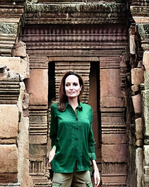 Image similar to angelina jolie visits an ancient temple in cambodia, she is wearing a green long sleeved shirt and cargo pants, photographed in the style of national geographic