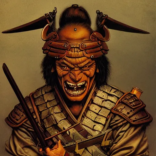 Image similar to quarter length portrait of a samurai hobgoblin, d & d, fantasy, greg rutkowski, frank frazetta, alexandre chaudret, boris vallejo, michael whelan, miro petrov, hr giger, magali villeneuve, donato giancola