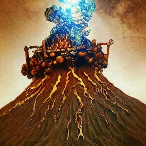 Prompt: a volcano, steampunk art