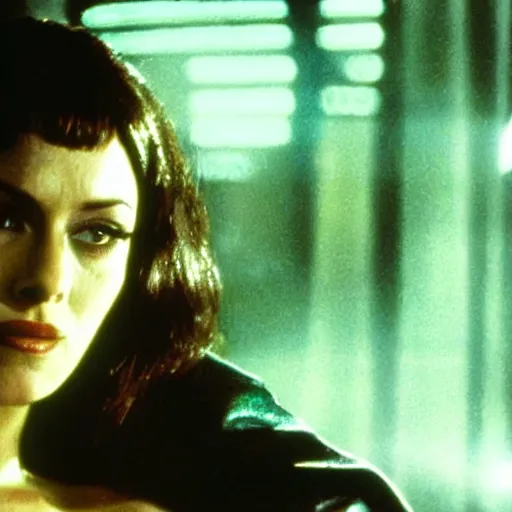 Image similar to a movie still of monica belluci as rachael in blade runner