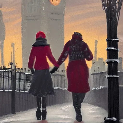 Image similar to two people in the street of london in winters, trending on artstation