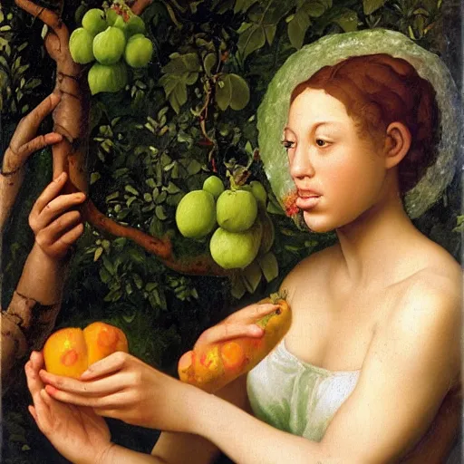 Image similar to beautiful multiracial woman eating an quince from a tree in the garden of eden, realistic renaissance master genius painting