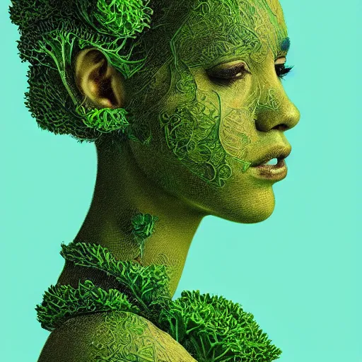 Image similar to the portrait of an unbelievably beautiful, elegant, and sophicated young woman partially made of broccoli looking up, an ultrafine detailed illustration by james jean, intricate linework, bright colors, final fantasy, behance contest winner, vanitas, angular, altermodern, unreal engine 5 highly rendered, global illumination, radiant light, detailed and intricate environment