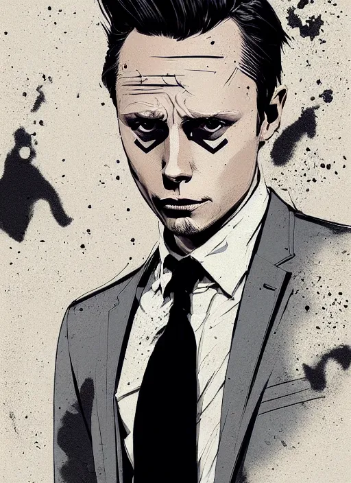 Image similar to highly detailed closeup portrait of martin wallstrom, tyrell wellick, slick back hair wearing suit by atey ghailan, by greg rutkowski, by greg tocchini, by james gilleard, by joe fenton, by kaethe butcher, gradient blue, black and white only color scheme, grunge aesthetic!!! ( ( graffiti tag wall background ) )