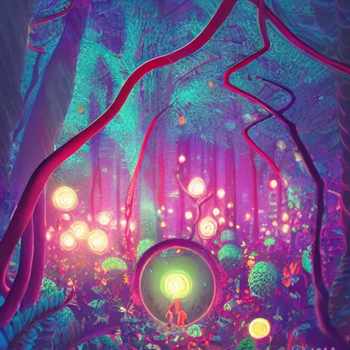 Prompt: night magic fairy forest, multiverse of berries, ilustration art by Goro Fujita, 35mm lens, beautiful macro close-up imagery, vibrantly lush neon lighting, beautiful volumetric-lighting-style atmosphere, a futuristic atmosphere, intricate, detailed, photorealistic imagery, trending on artstation, 4k, 8k