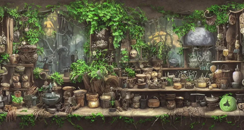 Prompt: small witch shop, counter, cauldrons, potions, hats, owls, ferns and vines, highly detailed, sharp focus, matte painting, by studio ghibli, by giovani magana,