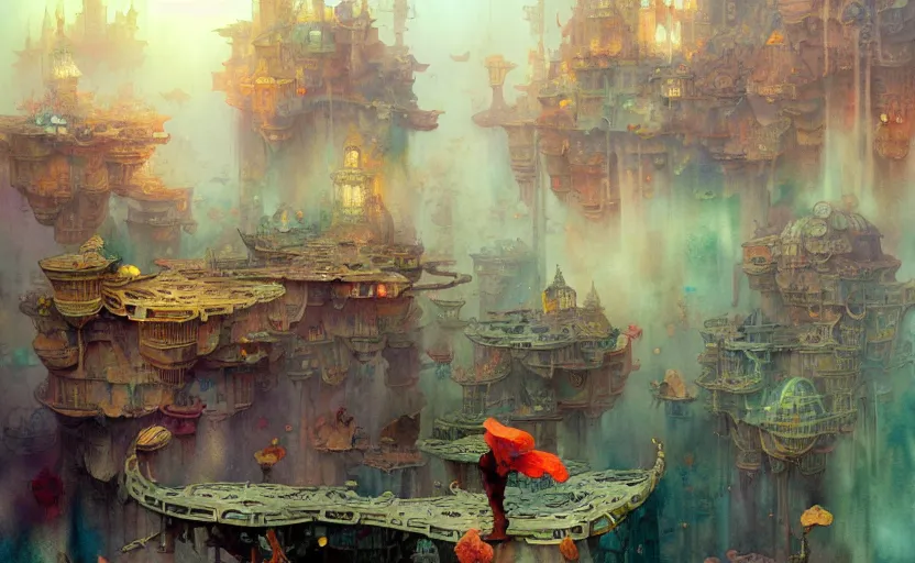 Image similar to the amazing floating city, fantasy, steampunk. intricate, amazing composition, colorful watercolor, by ruan jia, by maxfield parrish, by marc simonetti, by hikari shimoda, by robert hubert, by zhang kechun, illustration, gloomy