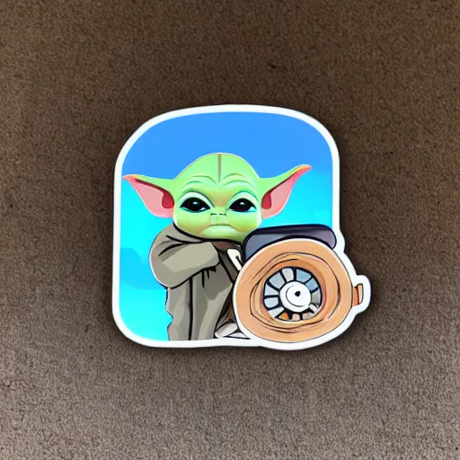 Image similar to cute sticker of baby yoda driving an old truck