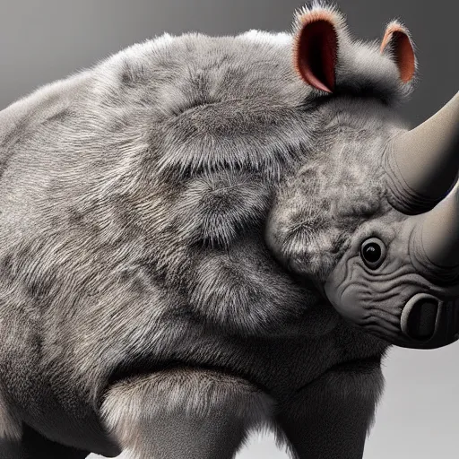 Prompt: cute fluffy rhinocerous with high quality detailed realistic fur 3 d render unreal engine character concept hd