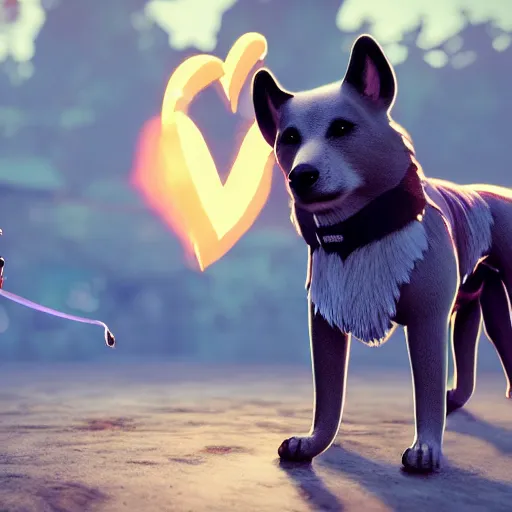 Prompt: a dog and a ghost who are friends, digital art, hearts in the background, unreal engine