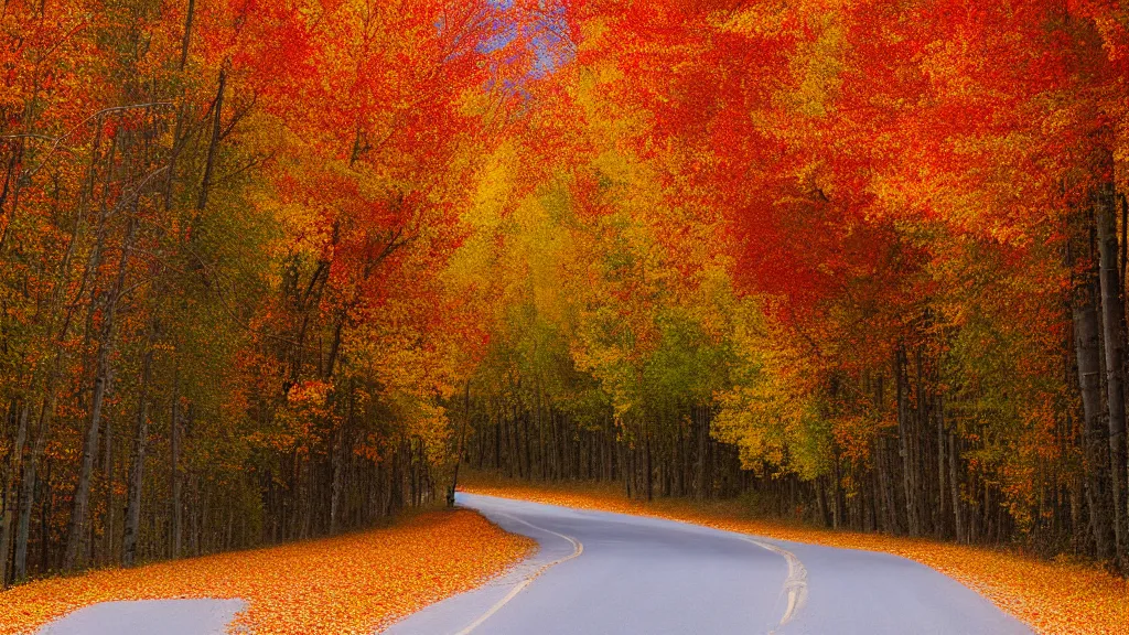 Image similar to a photograph of a country road! lined on both sides by maple and poplar trees, in the autumn, red orange and yellow leaves, some leaves have fallen and are under the trees and on the road