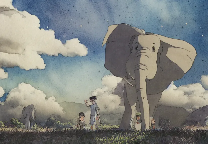 Image similar to a hyperrealist watercolor concept art from a studio ghibli film showing a giant grey dumbo the elephant. a temple is under construction in the background in india on a misty and starry night. by studio ghibli. very dull muted colors