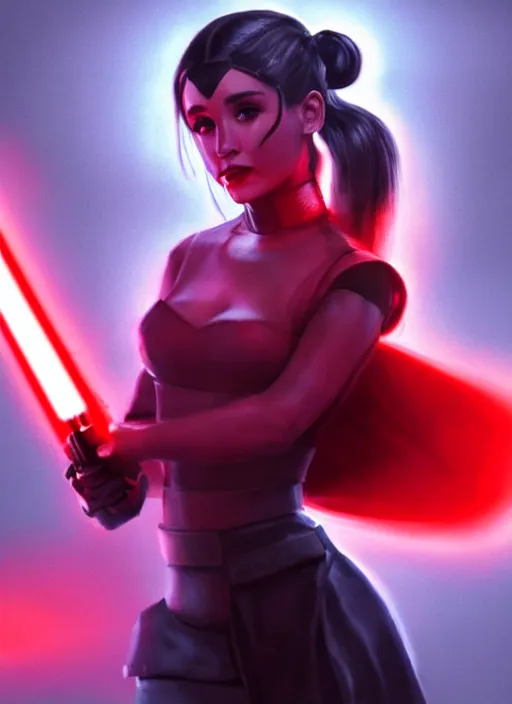 Prompt: Photo of Sith Ariana Grande with a red light saber, Star Wars concept art, trending on artstation, dramatic lighting, photo-realistic