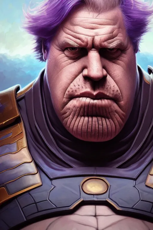 Image similar to Boris Johnson as Thanos, Boris Johnson hairstyle, calm, grumpy, portrait, masculine figure, highly detailed, digital painting, artstation, concept art, smooth, sharp focus, illustration, cinematic lighting, art by artgerm and greg rutkowski and alphonse mucha