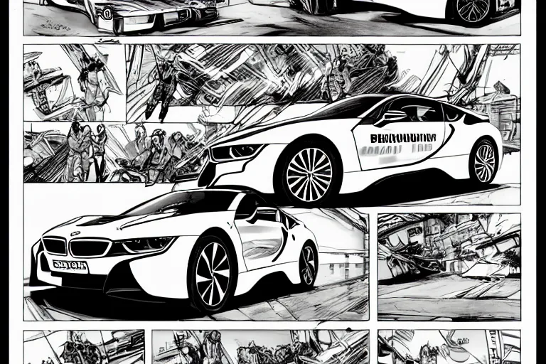 Image similar to bmw i 8, a page from cyberpunk 2 0 2 0, style of paolo parente, style of mike jackson, adam smasher, johnny silverhand, 1 9 9 0 s comic book style, white background, ink drawing, black and white