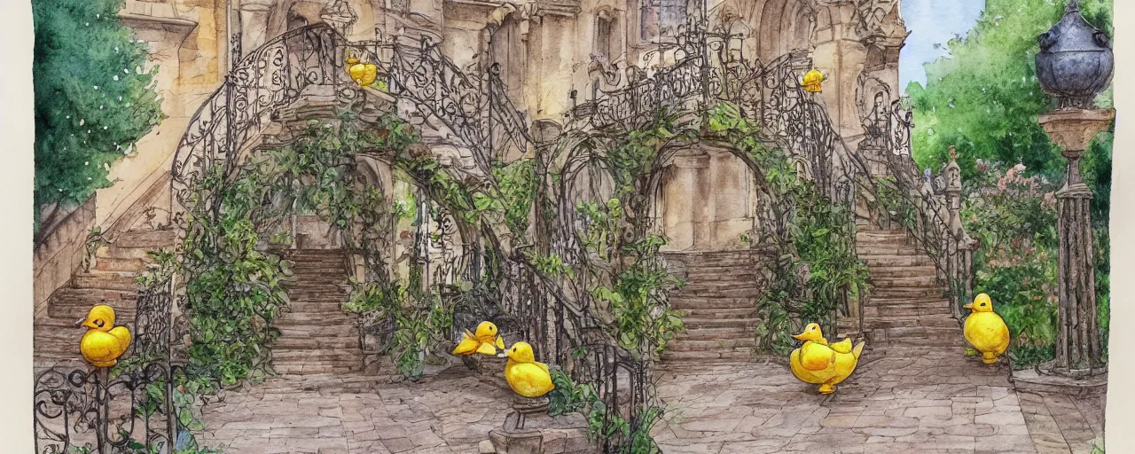 Prompt: courtyard walkway, rubber duck at center, castle, stairway, chairs, wrought iron, gate, botanic garden, botanical herbarium paper, watercolor colored painting, iridescent colors, realistic shaded, fine, artstation, italian style, colonnade ornate headdress, craving, carved, insanely detailed