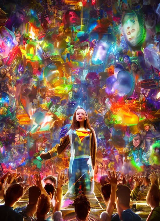 Image similar to cinematic shot cyberspace people of creativity, very large floating translucent images, hyper realistic, mood lighting, fantasy, detailed happy people creating diverse art, hands in the air, big video statues, highly detailed, super realistic, perfect lighting pixel sorting, style sheet