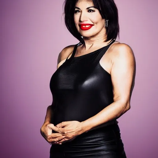 Image similar to dslr photo portrait still of 5 1 year old age 5 1 selena quintanilla at age 5 1!!!, 8 5 mm f 1. 8, studio lighting, vogue