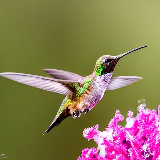 Image similar to a hummingbird finding a beautiful flower, entrapped in ice, only snow in the background, beautiful macro photography, warm ambient light