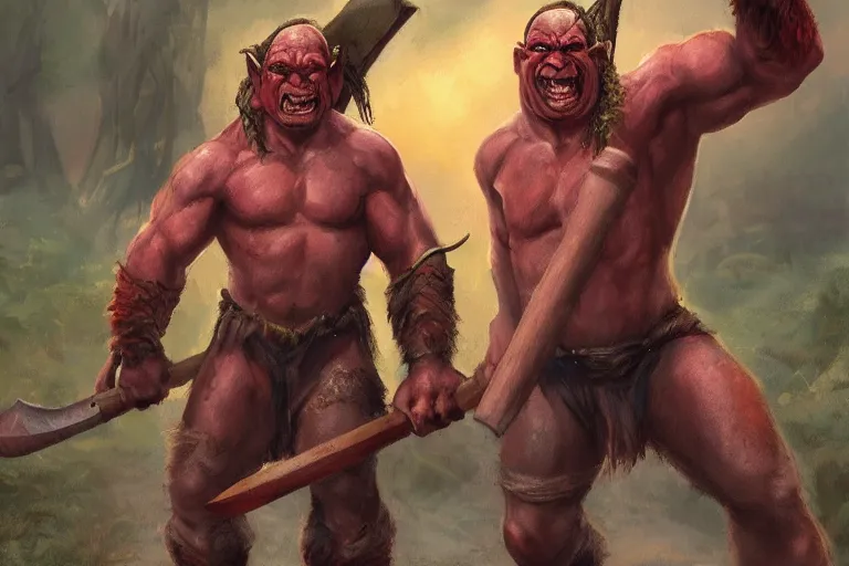 Image similar to a red - skinned orc holding a large battleaxe