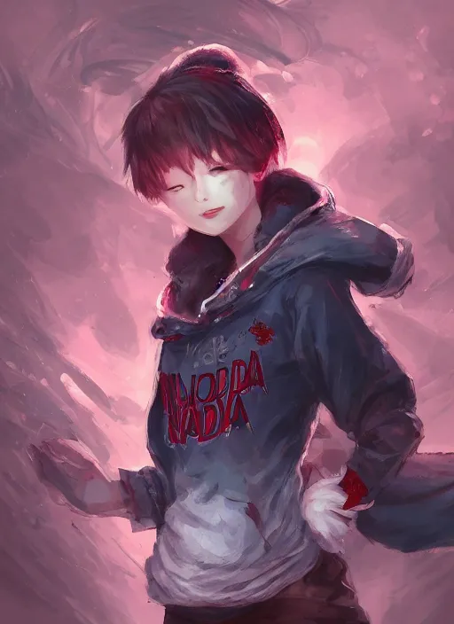 Image similar to a highly detailed illustration of short hair cute japanese girl wearing blood stained hoodie with the word nevada on it, dramatic smile pose, intricate, elegant, highly detailed, centered, digital painting, artstation, concept art, smooth, sharp focus, league of legends concept art, WLOP