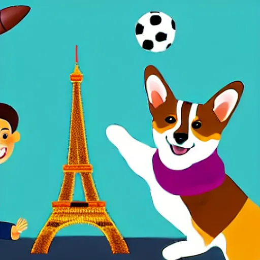 Image similar to illustration of french boy playing football with a corgi wearing a polkadot scarf in front of the eiffel tower