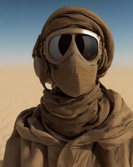 Prompt: portrait of soldier in desert sand storm with scarf over mouth and goggles, hyper realism, cinematic, dramatic ambient lighting, high detail, octane render, unreal engine, 8 k, vibrant colors, high contrast, depth of field, concept art, 3 d render, digital art, deviantart artstation, ray tracing, intricate complexity, extremely detailed,