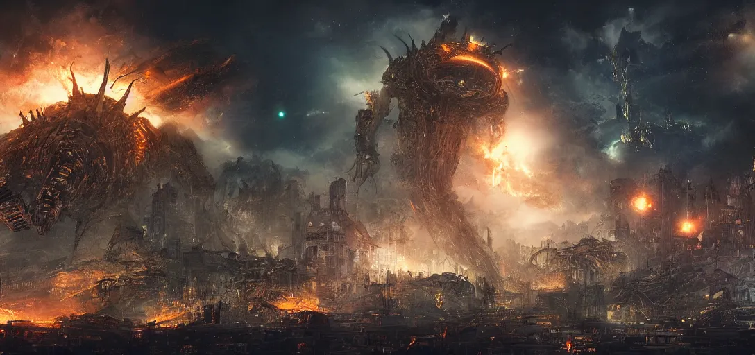 Image similar to a mecanic monster destroy a futurist city in the night, landscape, night, fire, dark fantasy, kaiju, apocalypse