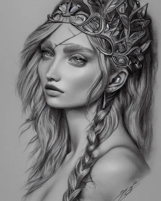 Image similar to realism tattoo sketch of elsa hosk as a beautiful greek goddess aphrodite with piercing eyes wearing a laurel wreath and triangle earrings, in the style of greg rutkowski, amazing detail