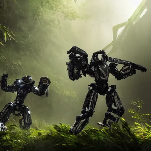 Prompt: Ragtag militia fighting advanced humanoid combat robots in a jungle in 2020, combat photography by Feng Zhu, highly detailed, excellent composition, cinematic concept art, dramatic lighting, trending on ArtStation