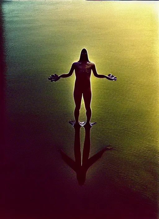 Image similar to “semitranslucent frog body vertically hovering over misty lake waters in jesus christ pose, low angle, long cinematic shot by Andrei Tarkovsky, paranormal, eerie, mystical”