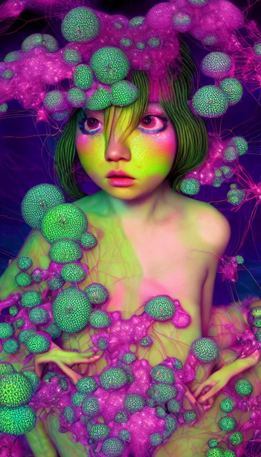 Image similar to hyper detailed 3d render like a Oil painting - kawaii Aurora (Singer) seen Eating of the Strangling network of colorful yellowcake and aerochrome and milky Fruit and Her delicate Hands hold of gossamer polyp blossoms bring iridescent fungal flowers whose spores black the foolish stars by Jacek Yerka, Mariusz Lewandowski, Houdini algorithmic generative render, Abstract brush strokes, Masterpiece, Edward Hopper and James Gilleard, Zdzislaw Beksinski, Mark Ryden, Wolfgang Lettl, hints of Yayoi Kasuma, octane render, 8k