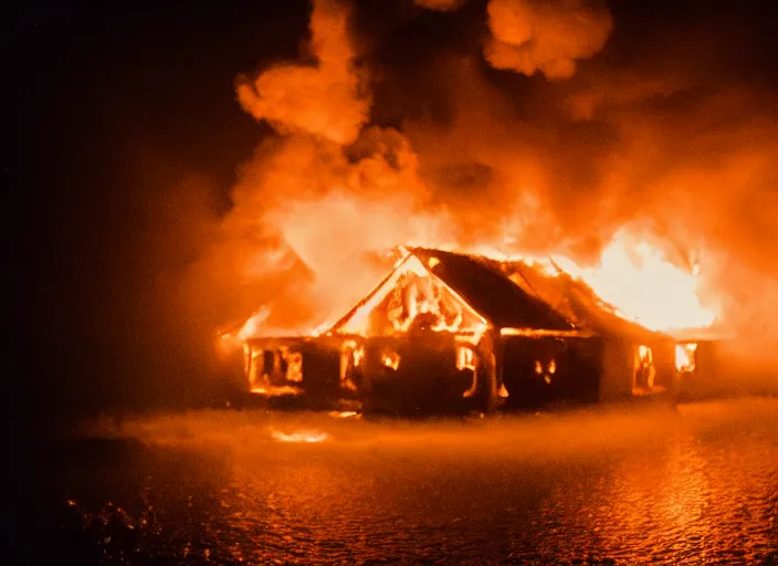 Image similar to dslr photo still of a house on fire under the water under water at the bottom of the ocean with lots of bubbles and light rays, 8 5 mm f 1. 8