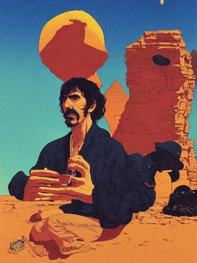 Prompt: a closeup portrait of george harrison taking mind altering drugs, a blotter paper of lsd acid and dreaming psychedelic hallucinations in the vast landscape of egypt, by kawase hasui, moebius, edward hopper, colorful flat surreal design, dramatic lighting, hd, 8 k, artstation