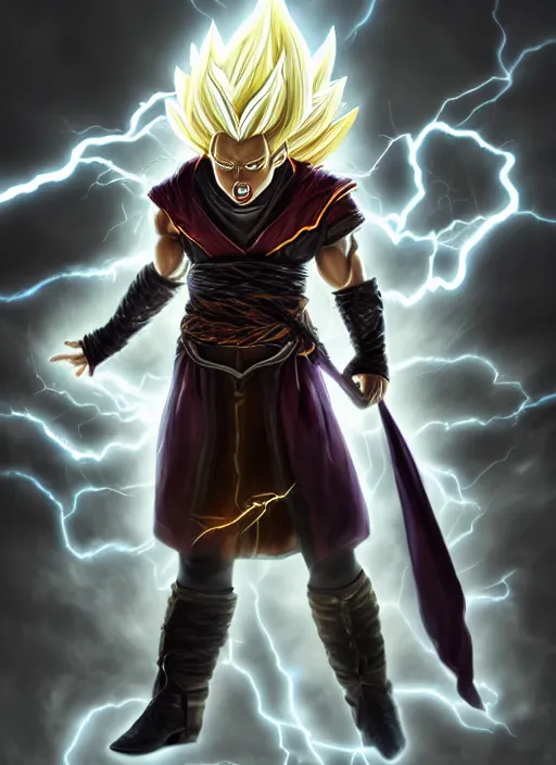 Image similar to portrait of an athletic male sorcerer casting a lightning spell and going super saiyan as a diablo 3 character, looking at camera, his robe is infused with lightning bolts, D&D, lightning master, short hair, intricate, elegant, stylish, cute smile, fantasy, extremely detailed, digital painting, artstation, concept art, smooth, sharp focus, illustration, ambient lighting, art by artgerm and greg rutkowski and alphonse mucha and simon stalenhag