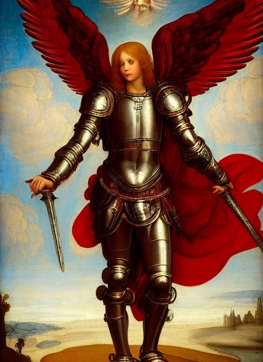 Prompt: a beautiful intricate renaissance painting portrait of a man angel aasimar knight in an ornate completely red heavy armor with a shining heavenly sword and giant blue wings, by Raphael, Leonardo DaVinci, great masterpiece, award winning historic painting, dynamic composition, trending on artstation,4k, 8k