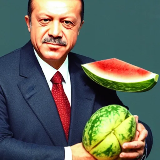 Image similar to recep tayyip erdogan smiling holding watermelon for a 1 9 9 0 s sitcom tv show, studio photograph, portrait c 1 2. 0