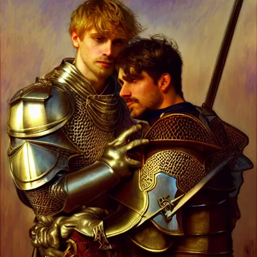 Image similar to attractive arthur pendragon and his attractive male knight, they are in love, natural lighting, path traced, highly detailed, high quality, digital painting, by gaston bussiere, craig mullins, alphonse mucha j. c. leyendecker