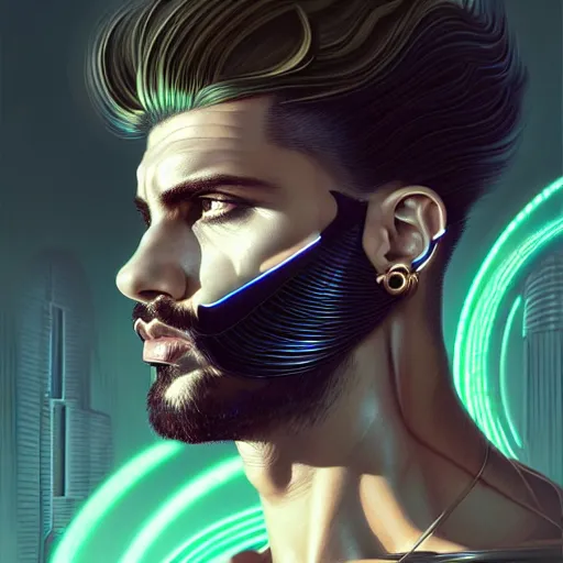 Image similar to man with extremely large and intricate haircut with angry green eyes and slim features looking askance, eye cyberpunk bionics, retro futurist style, intricate, elegant gleaming intricate baroque jewelry, angelic halo, highly detailed, digital painting, artstation, concept art, smooth, sharp focus, illustration, art by wlop, mars ravelo and greg rutkowski,