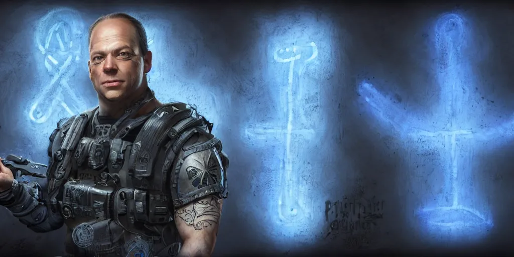 Image similar to phil spencer wild great portrait, microsoft cinematic lighting, glowing blue runes, concept art, with tattoos wearing tactical gear, intricate lights, high detailed face, 4 k,