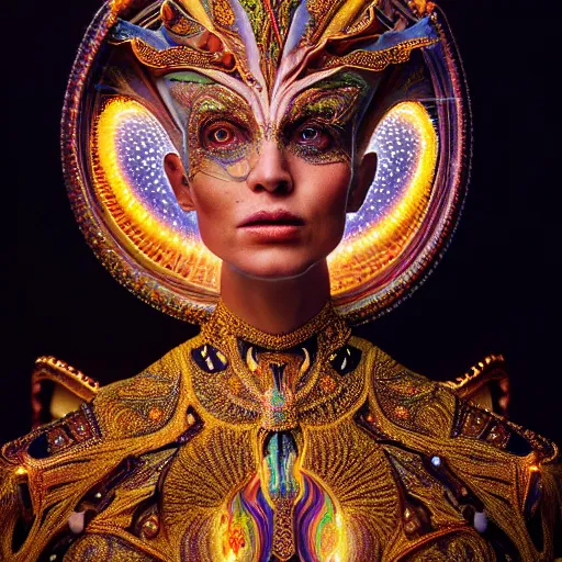 Image similar to uhd photorealisitc inspiring photo of a cosmic piccolo powered up. intricate details. ornate costume. glowing, powering up. hyperdetailed, accurate, global lighting. accurate face. symmetrical face. correct face. photo by annie leibowitz and steve mccurry