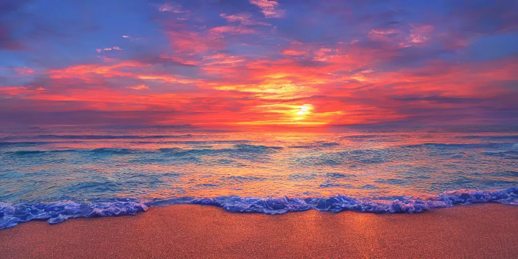 Prompt: a beautiful picture of the ocean, the sunset of the sea at nine o'clock in the evening, the sparkling light blue sea water, the stars shining, the beach, many golden twinkling crystal covering the beach, the sunset, the beautiful colorful clouds hd