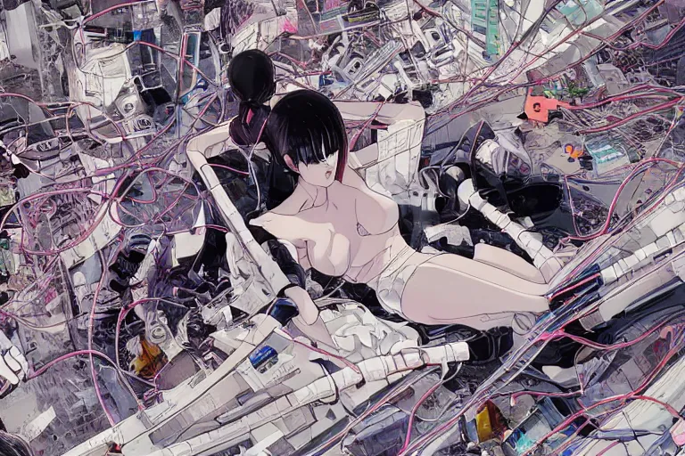 Image similar to a cyberpunk illustration of a group of female androids in style of yukito kishiro, lying on an abstract, empty, white floor with their body parts scattered around in various poses and cables and wires coming out, by masamune shirow and katsuhiro otomo, hyper-detailed, intricate, view from above